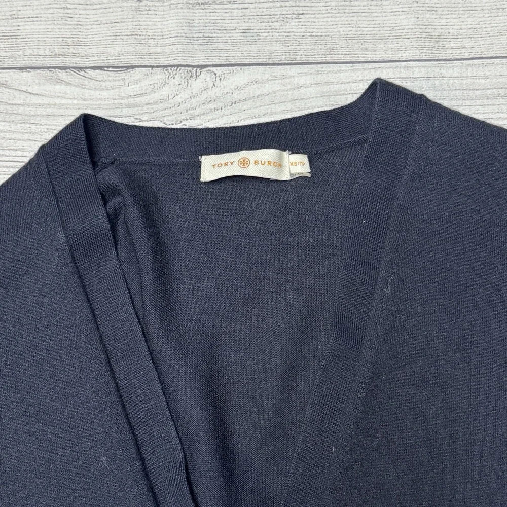 Tory Burch‎ Simone Cardigan Wool Navy XS  Logo Button Preppy V-Neck